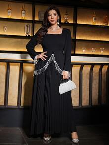 Reflora Plus Size French Elegant Square Neck Dress With Tassel And Beaded Decoration Christmas Fall - Black - View 5