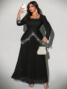 Reflora Plus Size French Elegant Square Neck Dress With Tassel And Beaded Decoration Christmas Fall - Black - View 8
