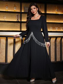Reflora Plus Size French Elegant Square Neck Dress With Tassel And Beaded Decoration Christmas Fall - Black - View 4