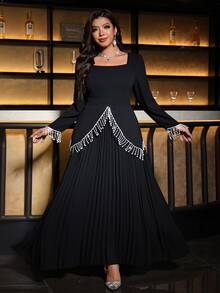 Reflora Plus Size French Elegant Square Neck Dress With Tassel And Beaded Decoration Christmas Fall - Black - View 1
