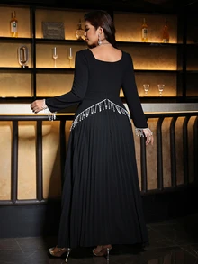 Reflora Plus Size French Elegant Square Neck Dress With Tassel And Beaded Decoration Christmas Fall - Black - View 3