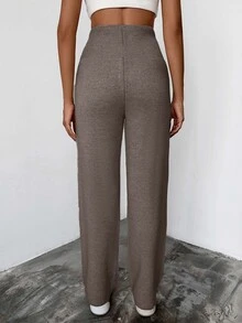 SHEIN Tall Size Women's Casual High Waisted Solid Color Simple Sweater Pants Set, Autumn/Winter Lounge Coffee Brown - Mocha Brown - View 2
