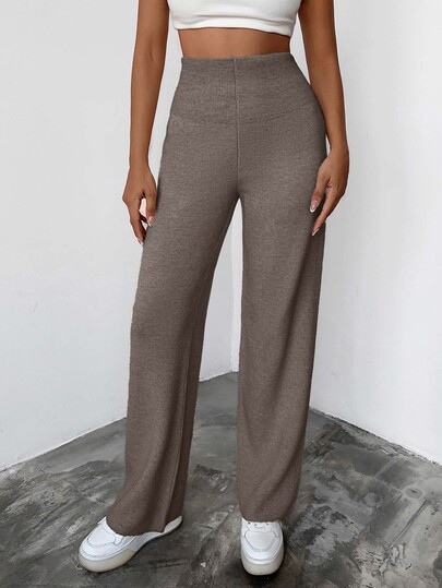 SHEIN Set de pantaloni și pulover casual pentru femei, talie înaltă, culoare uni, simplu, mărime înaltă, pentru toamnă/iarnă, stil lounge, maro cafea