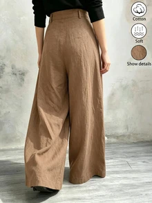 Glimmora Women's Solid Color Pleated Casual Daily Wear Long Pants - Khaki - View 2