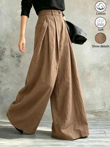 Glimmora Women's Solid Color Pleated Casual Daily Wear Long Pants - Khaki - View 4