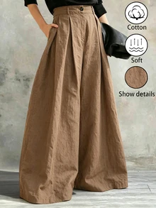 Glimmora Women's Solid Color Pleated Casual Daily Wear Long Pants - Khaki - View 1