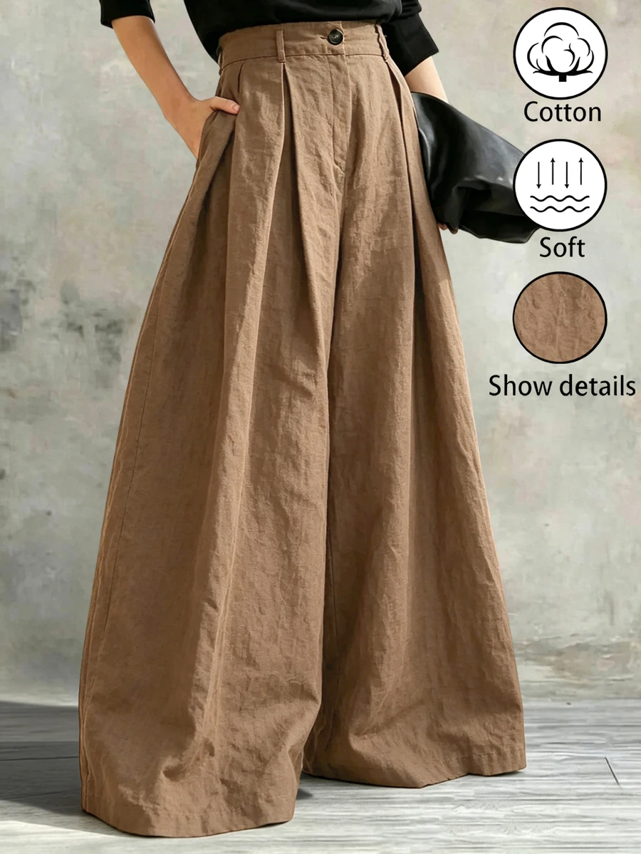 Glimmora Women's Solid Color Pleated Casual Daily Wear Long Pants - Khaki - View 1