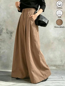 Glimmora Women's Solid Color Pleated Casual Daily Wear Long Pants - Khaki - View 6