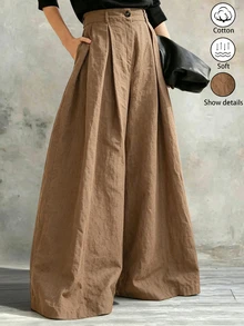 Glimmora Women's Solid Color Pleated Casual Daily Wear Long Pants - Khaki - View 3