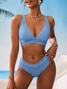 SHEIN Swim Women V-Neck Textured Striped Tankini Swimwear Set For Summer Beach Vacation - Baby Blue - View 3