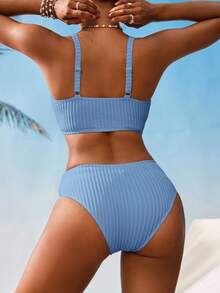 SHEIN Swim Women V-Neck Textured Striped Tankini Swimwear Set For Summer Beach Vacation - Baby Blue - View 2