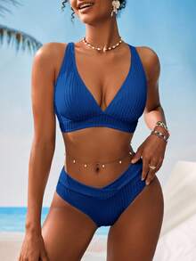 SHEIN Swim Women's V-Neck Tank Top & Textured Striped Bikini Set For Summer Beach Vacation - Royal Blue - View 3
