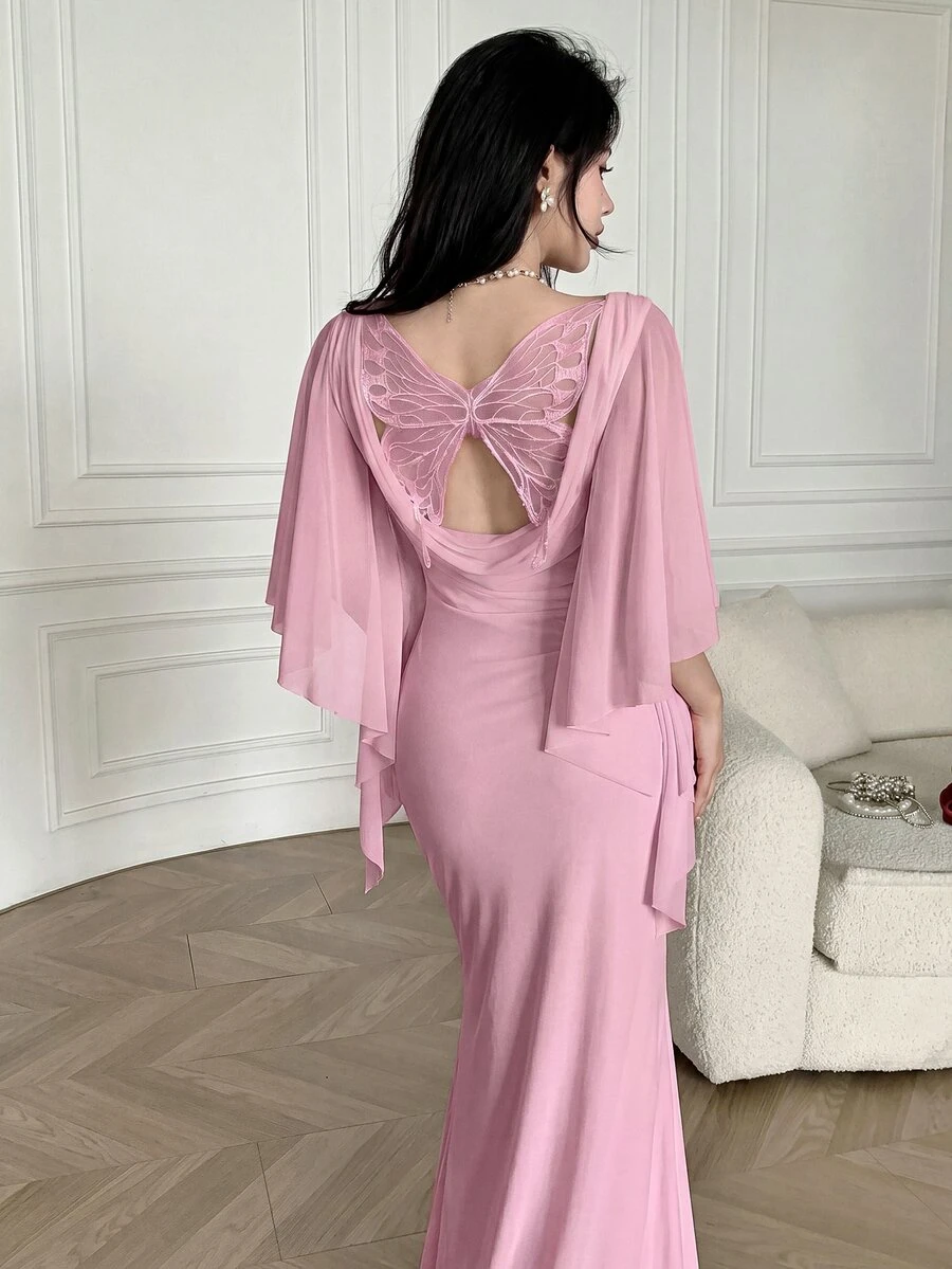 Feyla 女士纯色蕾丝拼接蝴蝶装饰优雅连衣裙 - 藕粉色 - 查看 1