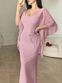 Feyla 女士纯色蕾丝拼接蝴蝶装饰优雅连衣裙 - 藕粉色 - 查看 6