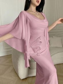 Feyla 女士纯色蕾丝拼接蝴蝶装饰优雅连衣裙 - 藕粉色 - 查看 3