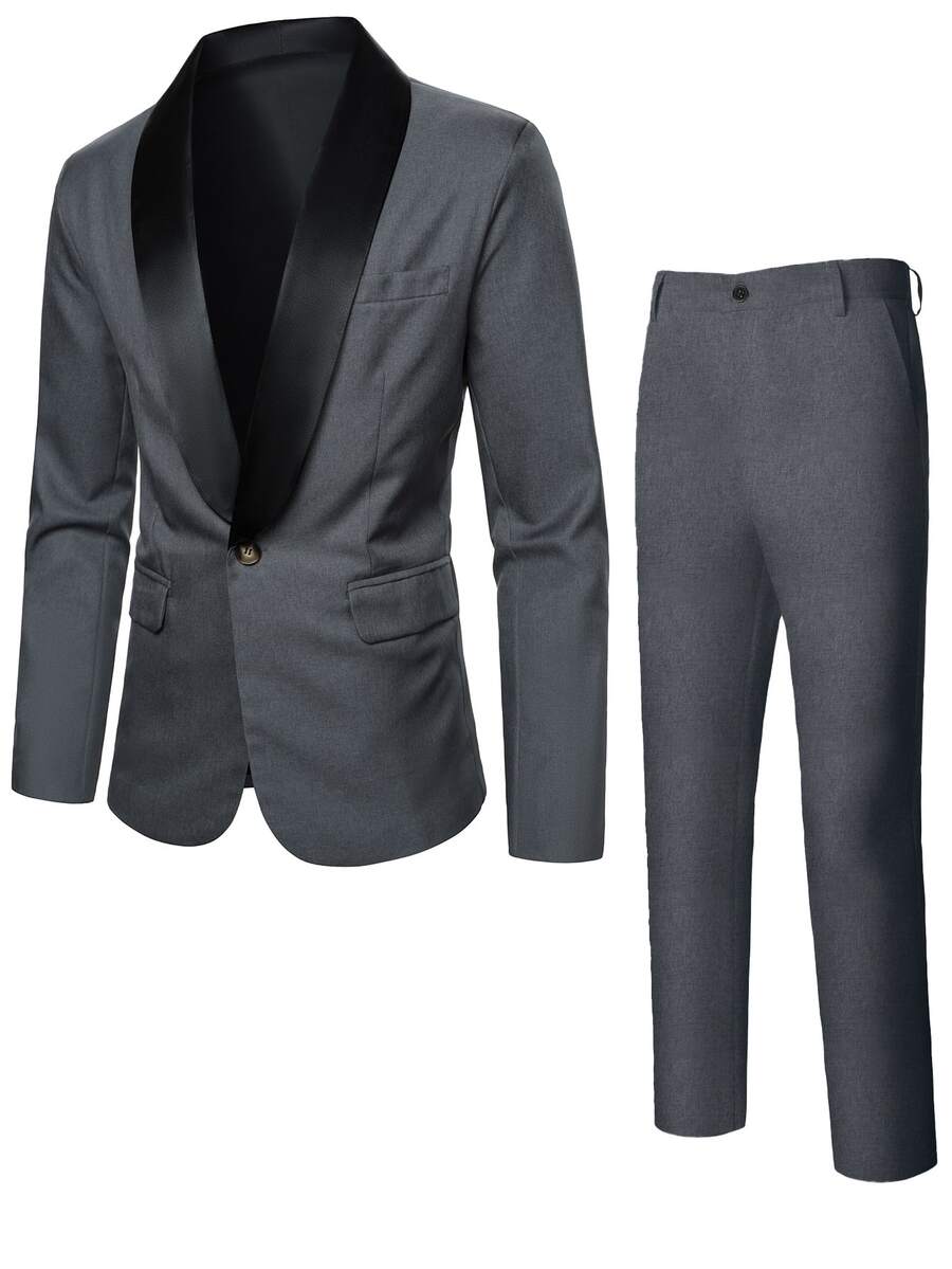 Manfinity Mode Men's Shawl Collar Solid Color Button Front Blazer And Pants Suit Set, Old Money Style, Formal, Ceremony - Dark Grey - View 1