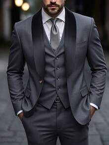 Manfinity Mode Men's Shawl Collar Solid Color Button Front Blazer And Pants Suit Set, Old Money Style, Formal, Ceremony - Dark Grey - View 1