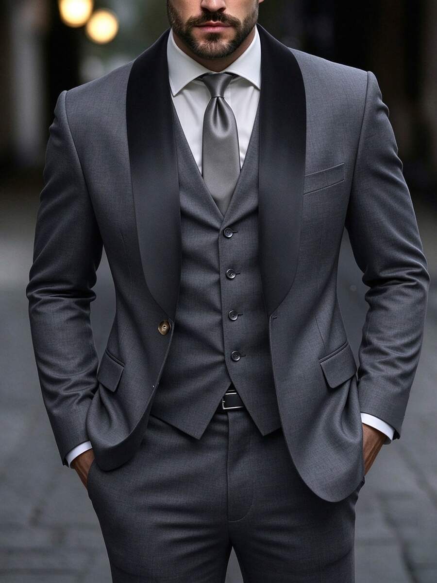 Manfinity Mode Men's Shawl Collar Solid Color Button Front Blazer And Pants Suit Set, Old Money Style, Formal, Ceremony - Dark Grey - View 1