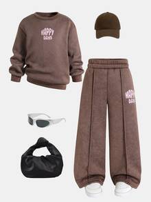 SHEIN 女童針織純色加厚秋冬新款衛衣褲子套裝，咖啡色休閒百搭穿搭，適合街頭風、拍照、開學季、萬聖節 - 棕色 - 查看 3