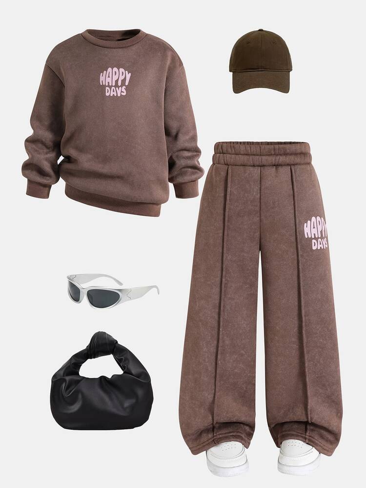 SHEIN Young Girls Knitted Solid Color Thickened Autumn/Winter New Style Sweatshirt And Pants Set, Coffee Color Casual Versatile Outfit, Perfect For Street Style, Photos, Back To School Season, Halloween - Brown - View 3