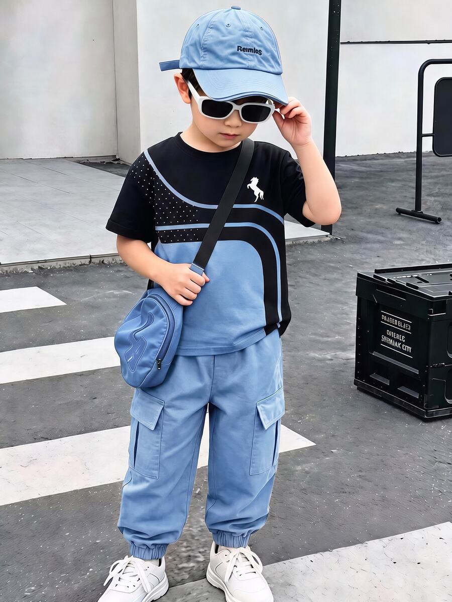 Boys T-Shirt Set, Pony Graphic On Chest, Colorblock Crew Neck Short Sleeve Top, Paired With Solid Color Cargo Pants, Suitable For Summer - Black - View 1