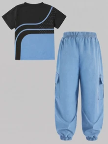 Boys T-Shirt Set, Pony Graphic On Chest, Colorblock Crew Neck Short Sleeve Top, Paired With Solid Color Cargo Pants, Suitable For Summer - Black - View 2