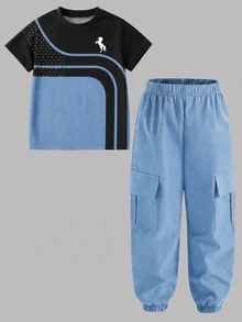 Boys T-Shirt Set, Pony Graphic On Chest, Colorblock Crew Neck Short Sleeve Top, Paired With Solid Color Cargo Pants, Suitable For Summer - Black - View 3