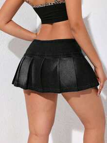 SHEIN EZwear Women's Summer Fashionable Washed Details Mini Pleated Denim A-Line Skirt - Black - View 2