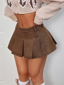 SHEIN PETITE Women's Pleated Casual Fashion Versatile Denim Skirt Work Outfits For Women - Brown - View 7