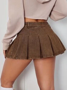 SHEIN PETITE Women's Pleated Casual Fashion Versatile Denim Skirt Work Outfits For Women - Brown - View 8