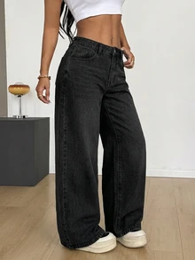 SHEIN PETITE Women's Pocket Wide Leg Loose Casual Versatile Denim Jeans - Black - View 4