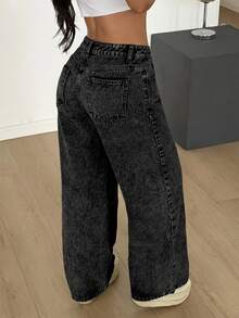 SHEIN PETITE Women's Pocket Wide Leg Loose Casual Versatile Denim Jeans - Black - View 2