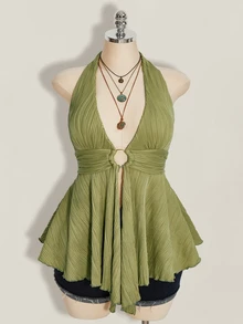 SHEIN ICON Plus Size Y2K Style Hollow Out Asymmetrical Hem Babydoll Halter Neck Knit Camisole - Olive Green - View 3