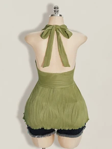 SHEIN ICON Plus Size Y2K Style Hollow Out Asymmetrical Hem Babydoll Halter Neck Knit Camisole - Olive Green - View 11