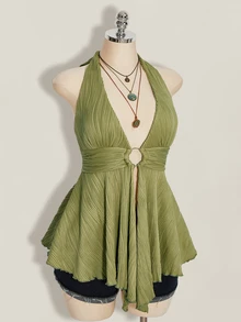SHEIN ICON Plus Size Y2K Style Hollow Out Asymmetrical Hem Babydoll Halter Neck Knit Camisole - Olive Green - View 7