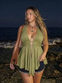 SHEIN ICON Plus Size Y2K Style Hollow Out Asymmetrical Hem Babydoll Halter Neck Knit Camisole - Olive Green - View 1