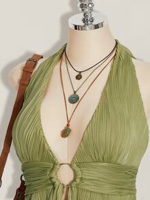 SHEIN ICON Plus Size Y2K Style Hollow Out Asymmetrical Hem Babydoll Halter Neck Knit Camisole - Olive Green - View 5