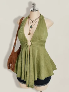 SHEIN ICON Plus Size Y2K Style Hollow Out Asymmetrical Hem Babydoll Halter Neck Knit Camisole - Olive Green - View 4