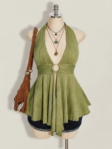 SHEIN ICON Plus Size Y2K Style Hollow Out Asymmetrical Hem Babydoll Halter Neck Knit Camisole - Olive Green - View 10