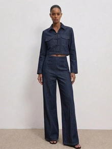 ATUI Studio Women's Shirt Collar Frog Button Short Long Sleeve Top With Casual Wide Leg Long Pants Denim Set - Dark Wash - View 1