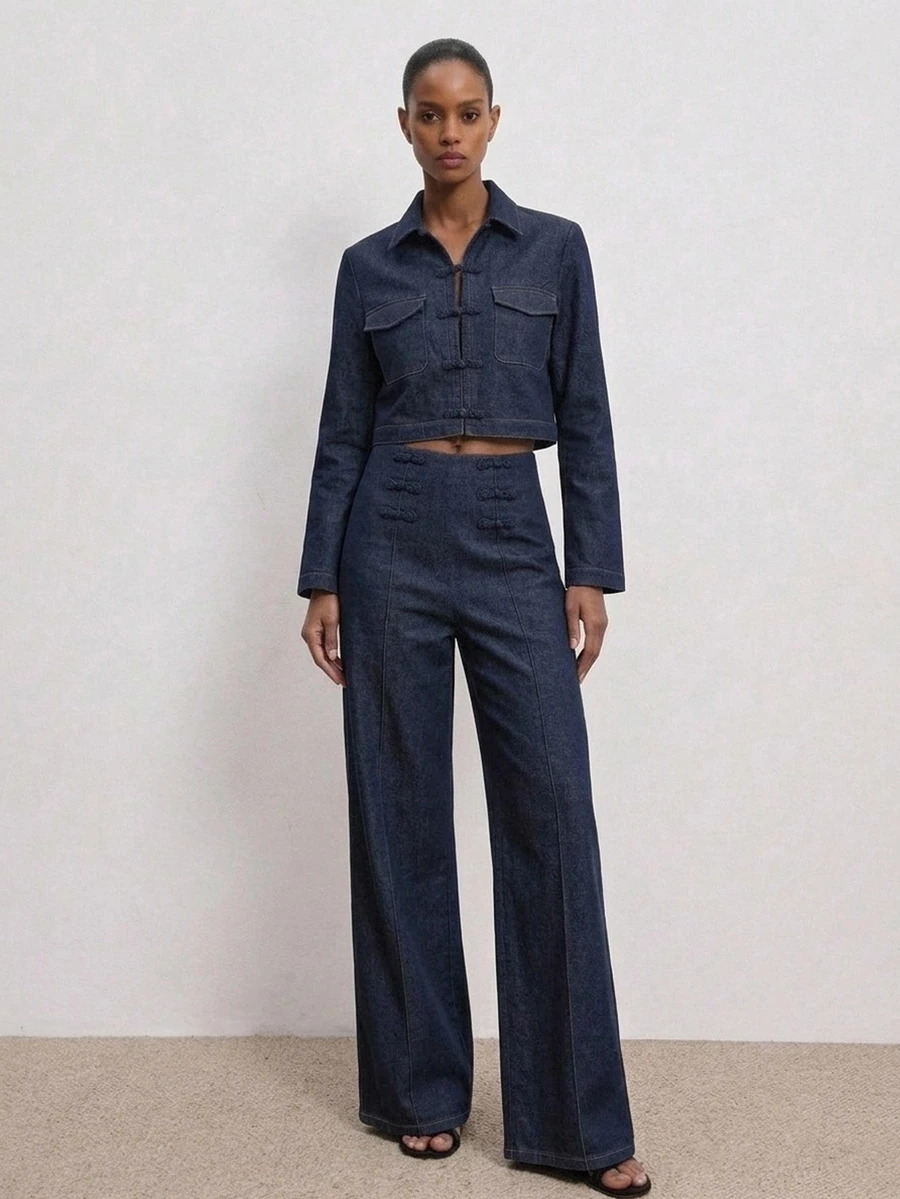 ATUI Studio Women's Shirt Collar Frog Button Short Long Sleeve Top With Casual Wide Leg Long Pants Denim Set - Dark Wash - View 1