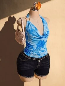 SHEIN ICON Plus Size Women's Light Blue Draped Neck Tank Top With Ruffle Neckline Beach Vacation Summer Sexy Elegant Casual - Blue - View 9
