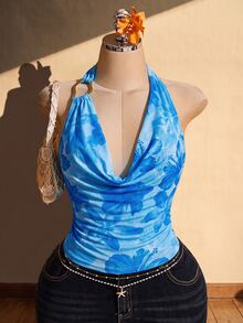 SHEIN ICON Plus Size Women's Light Blue Draped Neck Tank Top With Ruffle Neckline Beach Vacation Summer Sexy Elegant Casual - Blue - View 2