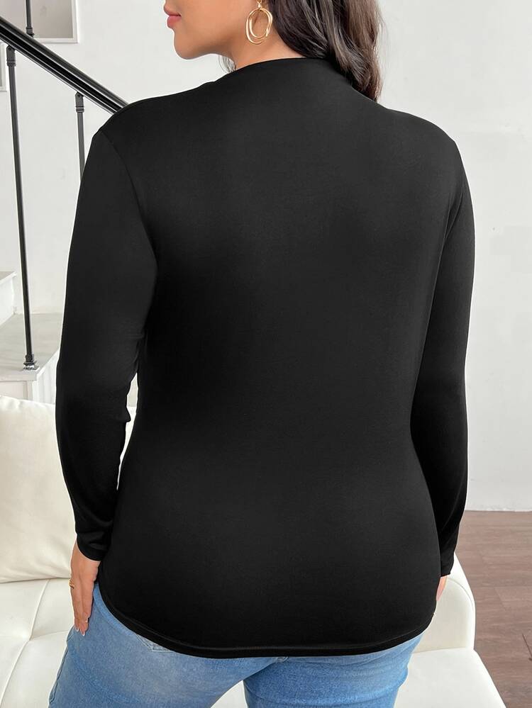 SHEIN CURVE+ Kaos Slim Fit Kerah Tinggi Ukuran Plus 22W untuk Musim Gugur - Hitam - View 5