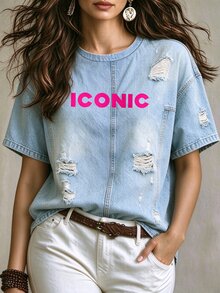 EMERY ROSE Women's Plus Size Faux Ripped Effect Print T-Shirt, ICONIC World Tour City Letter Graphic Front Back Crew Neck Drop Shoulder Loose Casual Light Blue - Multicolor - View 3