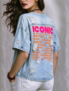 EMERY ROSE Women's Plus Size Faux Ripped Effect Print T-Shirt, ICONIC World Tour City Letter Graphic Front Back Crew Neck Drop Shoulder Loose Casual Light Blue - Multicolor - View 4