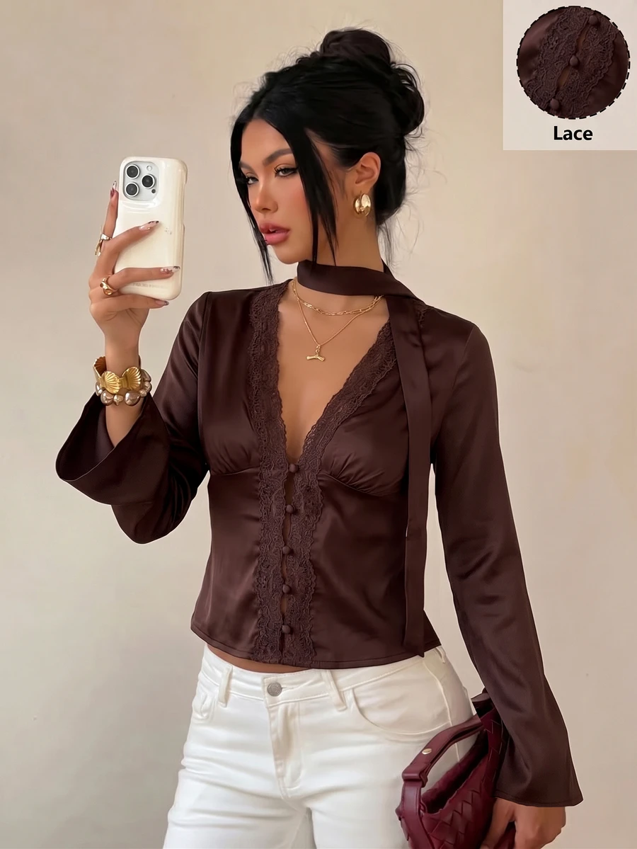 SHEIN Unity 女款素色對比蕾絲單排扣長袖優雅襯衫,冬季女裝,優雅女式襯衫 - 咖啡棕 - 查看 1