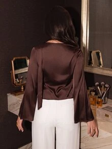 SHEIN Unity 女款素色對比蕾絲單排扣長袖優雅襯衫，冬季女裝，優雅女式襯衫 - 咖啡棕 - 查看 2