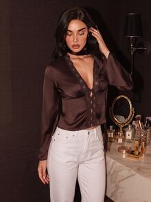 SHEIN Unity 女款素色對比蕾絲單排扣長袖優雅襯衫，冬季女裝，優雅女式襯衫 - 咖啡棕 - 查看 5