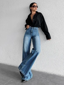 SHEIN Tall Jean en denim pour femme, coupe ample, avec poches et boutons, polyvalent, style Y2K vintage, décontracté et formel, business, country cowgirl, pour l'été, la rentrée, les vacances et les soirées - Bleu azur - Voir 5